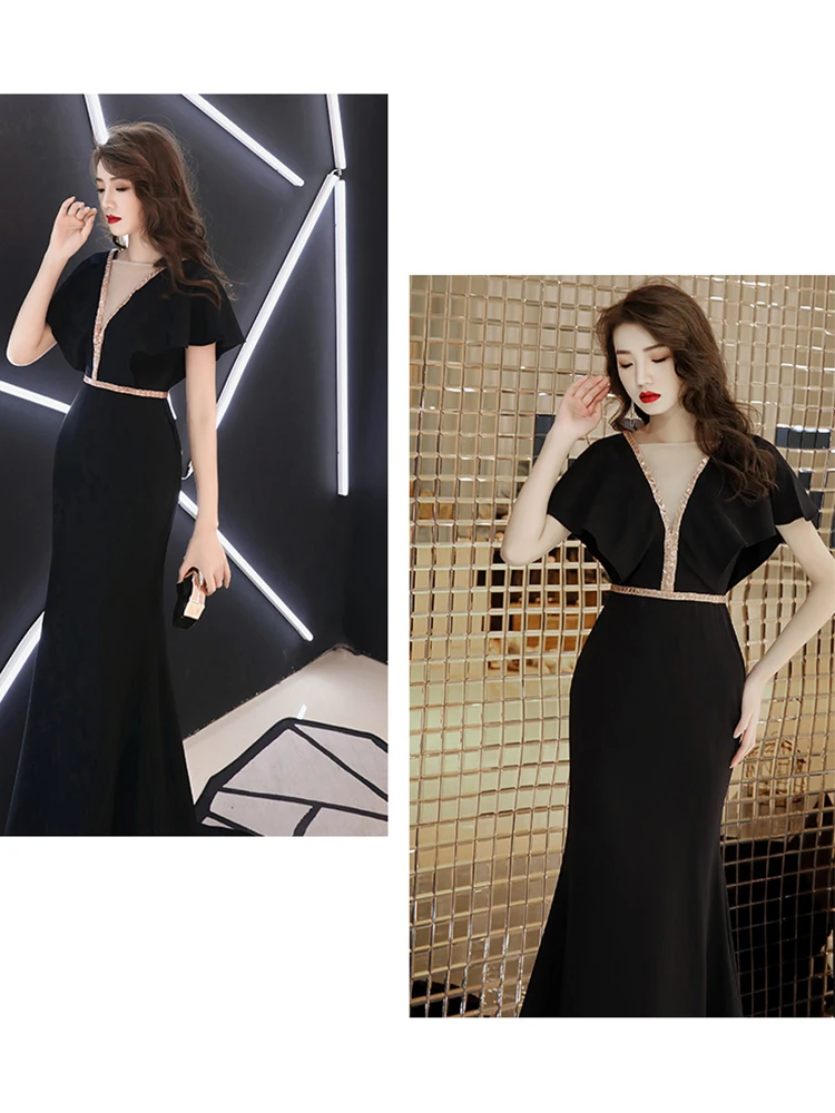 Вечернее платье Soild v-образным вырезом с коротким рукавом Robe De Soiree в пол, со стразами женские вечерние платья с открытой спиной F159