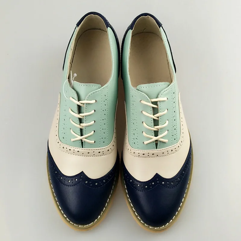 blue beige green Женские туфли-оксфорды на плоской подошве; весенняя обувь для женщин; летние туфли из натуральной кожи на плоской подошве; винтажные лоферы на шнурках; повседневные кроссовки; - Цвет: blue beige green
