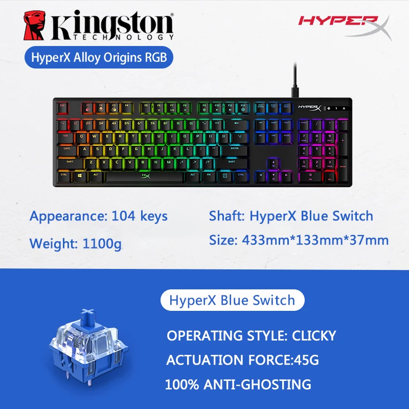 Kingston HyperX Alloy Origins механическая клавиатура Аква переключатель красный синяя ось RGB