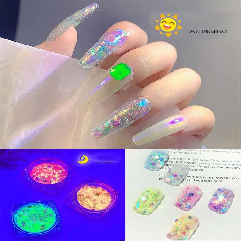 

6 Pcs/Set Mixed Size Nail Glitter DIY Art Decoration Fashion Luminous Nails Sequins Fluorescent Glow in the Dark For Manicure