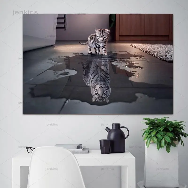 

Canvas Wall Art Pictures Cat and Tiger Painting Hd Printing Reflection Cat Animals Poster Home Decor for Living Room No Frame