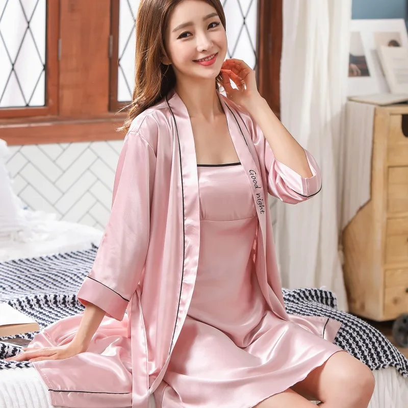 

Sexy Intimate Lingerie Sleepwear Lace Patchwork Women Bathrobe Gown Satin 2PCS Nighty&Robe Set Casual Nightwear Nightdress