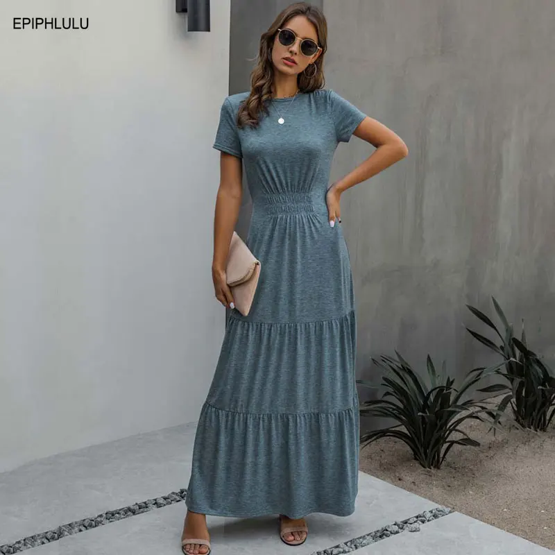 Vestido para Mulheres de Cintura Vestido de Festa Senhoras a Linha Verão Maxi Alta Elegante Manga Curta Longo Robes Femme 2xl 2021