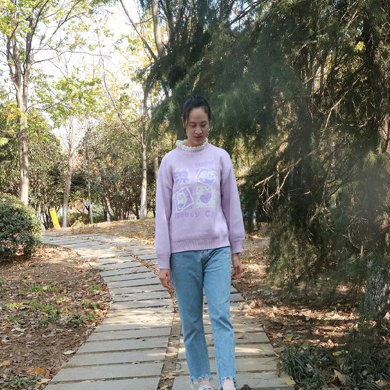 Sweater Autumn And Winter 2018 Lotus Leaf Hook Flower Round Neck Pullover Harajuku Jacquard Top Tee | Женская одежда