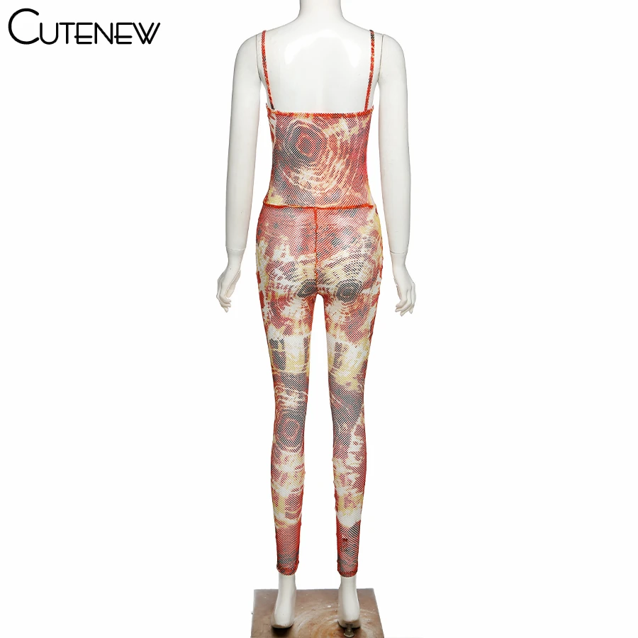 

Cutenew Sexy Mesh Printing Strap Bodycon Womens Jumpsuits 2021 Fashion New Sleeveless Backless Skinny Party Clubwear Hot Rompers