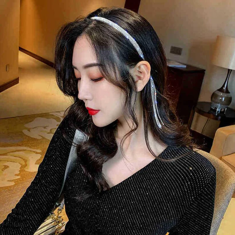 

Bling Bling Rhinestone Hairbands for Women Long Tassel Bow Bands Korean Designer Headband Wedding Hair Band Accessories Gifts