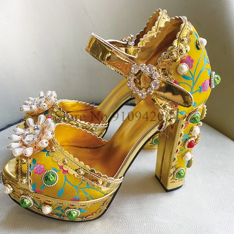 

Retro Jewel-Embellished Metallic Leather Platform Sandals Embroidery Chunky Heels Banquet Dress Shoes Big Size 10