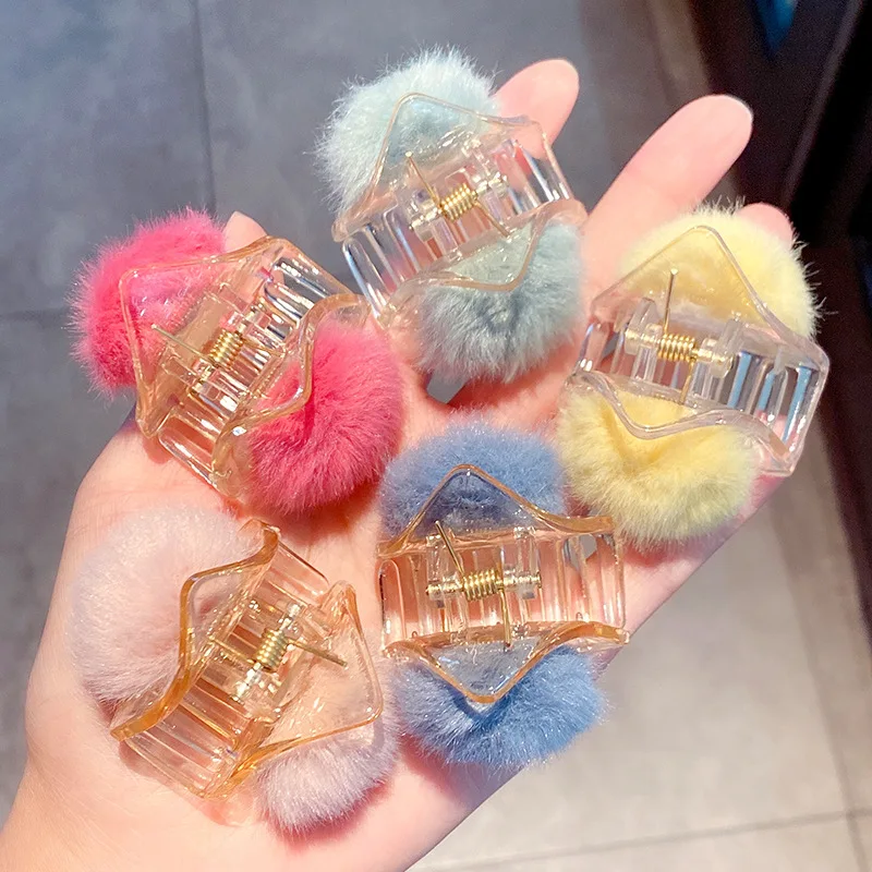 

New Cute Plush Ball Hairpins For Female Candy Colors Triangle Transparent Head Shark Hair Claw Clips Gir