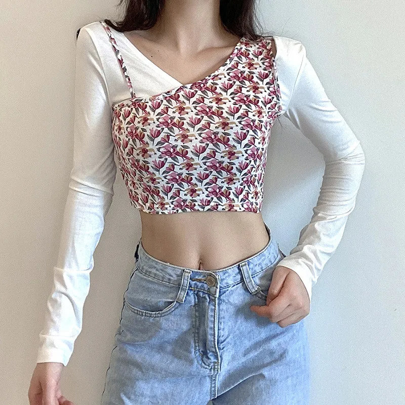 

Women's Fashion Printed Vest Solid Color Long-sleeved Round Neck Bottoming Shirt Two-piece Female Autumn Blouses Crop Tops Tees