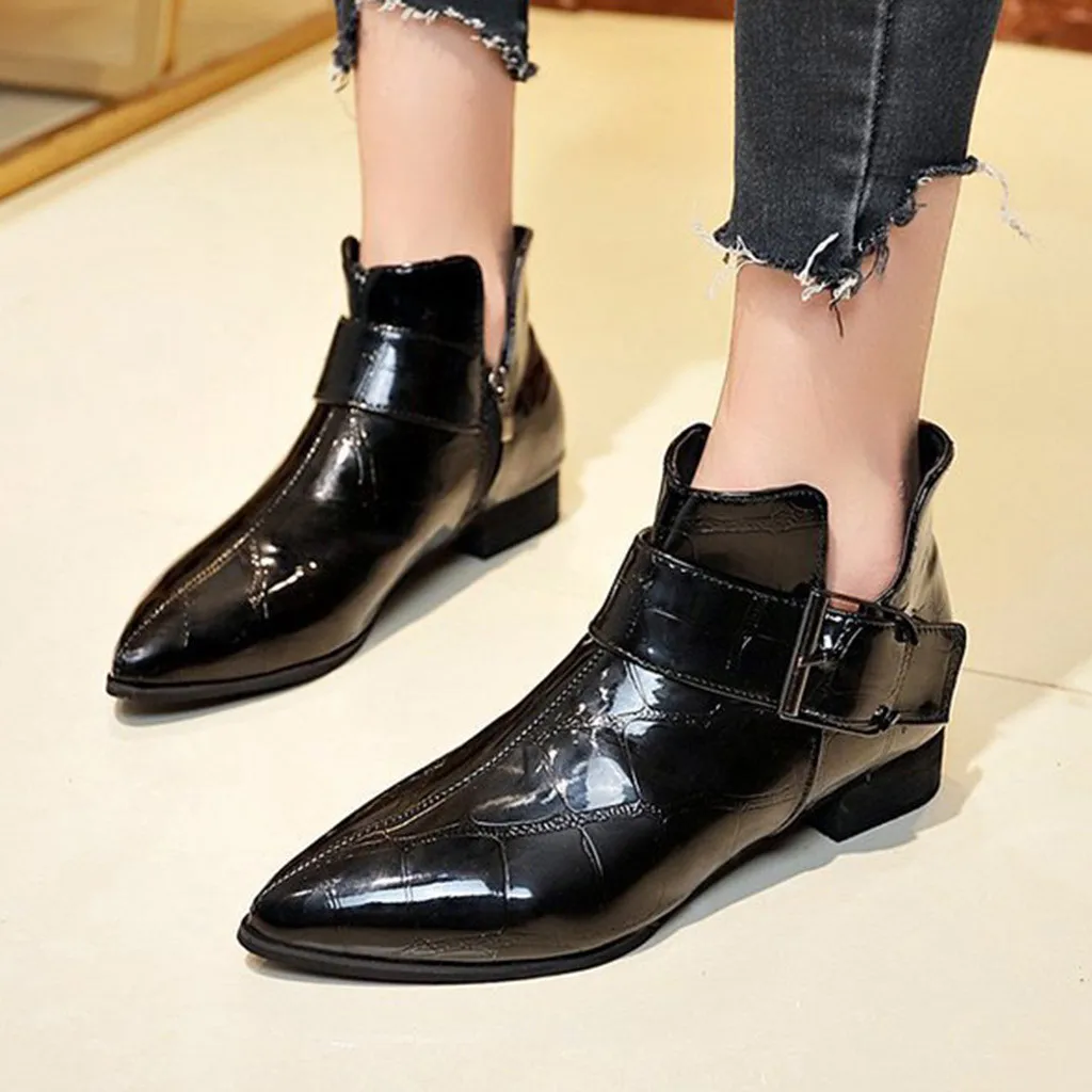 Женские ботильоны с пряжкой на ремешке зимние ботинки в стиле ретро острым