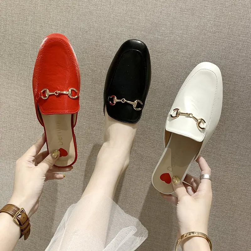 

Fashion Summer Soft Leather Women Slippers Brand Designer Slip on Mules Flat Heel Shoes for Woman Slides Solid