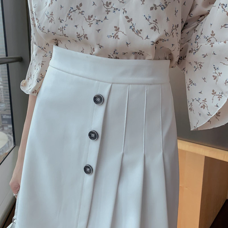 

2021 Summer Women Clothes High Waist Mini Skirts for Women Single Breasted Irregular Pleated Woman Skirt Ladies Fashion Faldas