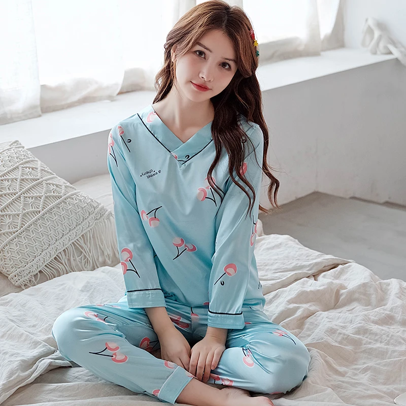 Шелковые пижамные комплекты с длинным рукавом для женщин весенне осенняя