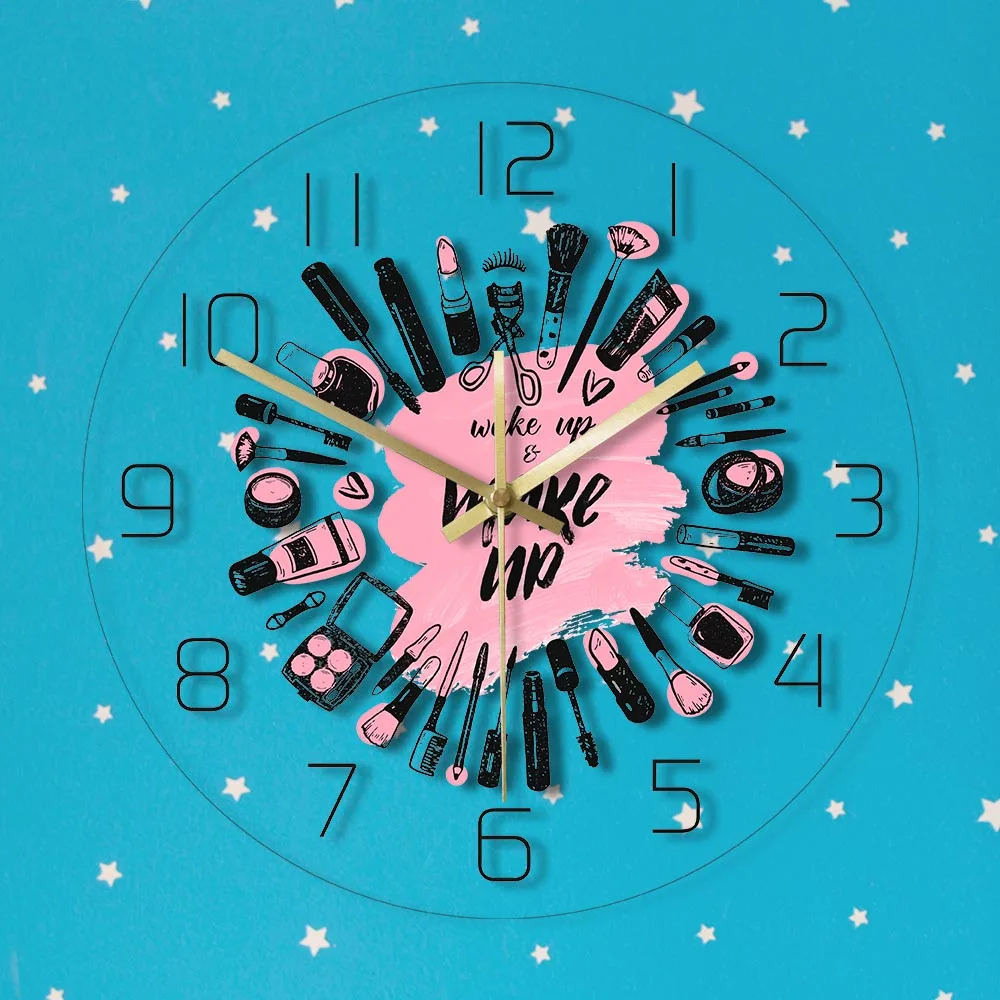 Коллекция косметики Wake Up& Make Up, бесшумные механические настенные часы для салона красоты, бизнес настенный светильник, комод, подарок для девушек, декор для комнаты