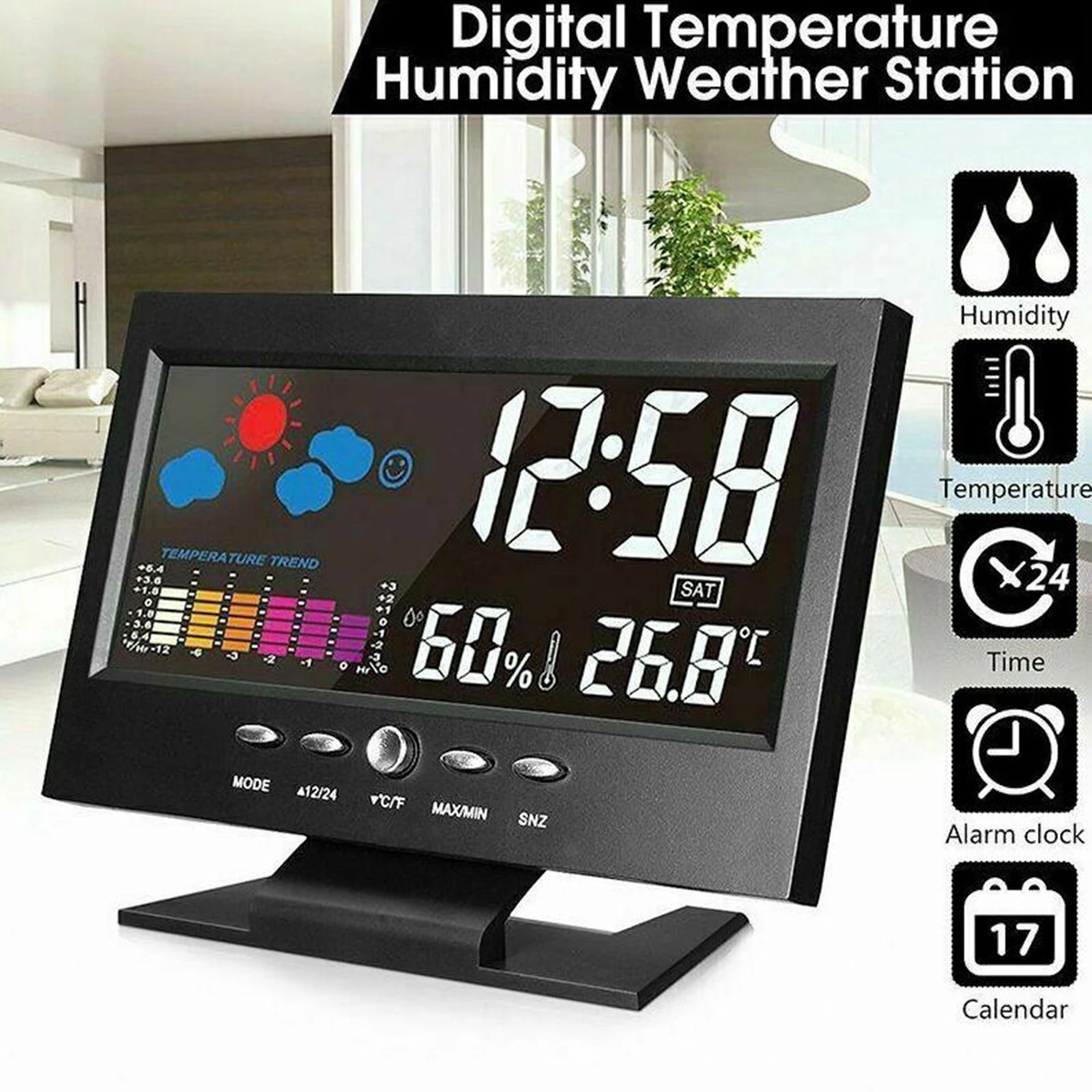 

New LED Digital Alarm Clock Snooze Calendar Thermometer Weather Color Display