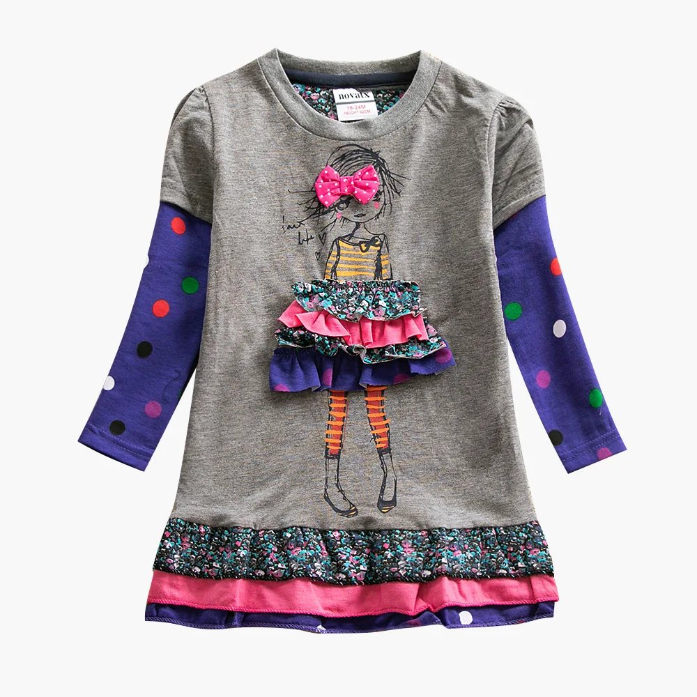 

Girl long sleeves dress neat round neck cotton baby girl clothes fashion bow decoration lace girl princess evening dress LH5478