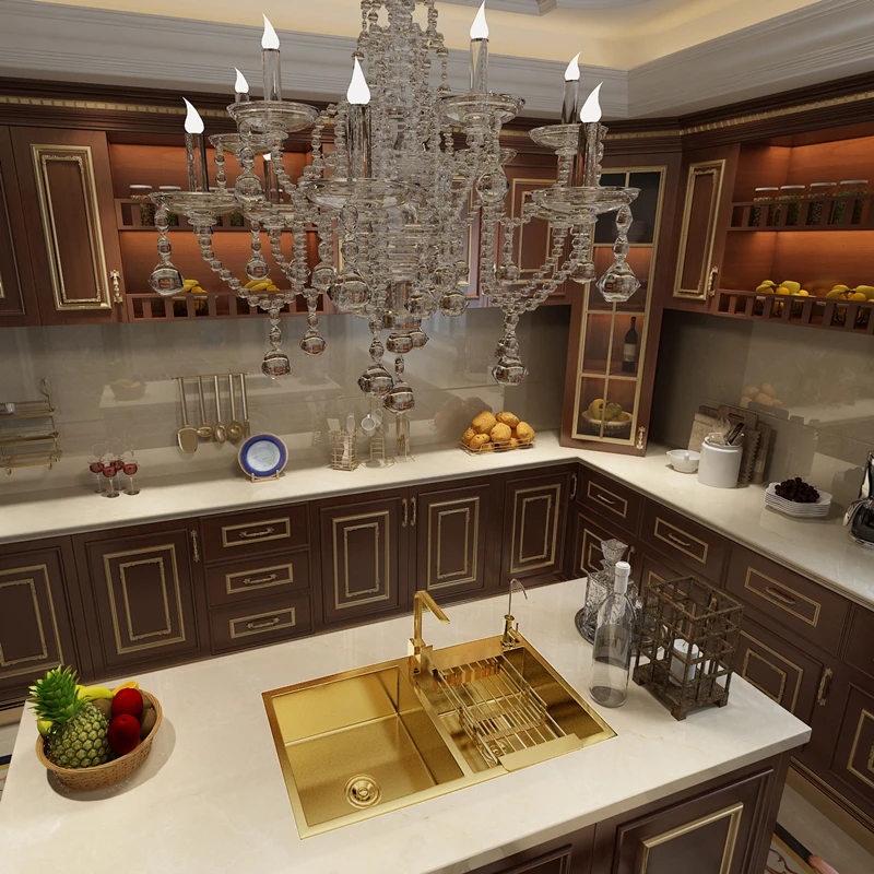 Нанозолотая настольная раковина кухонная под столом встроенная из нержавеющей