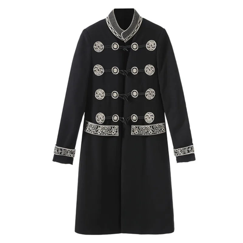 

autumn winter handsome military style stand collar trench coat women slim embroidery buckle windbreaker
