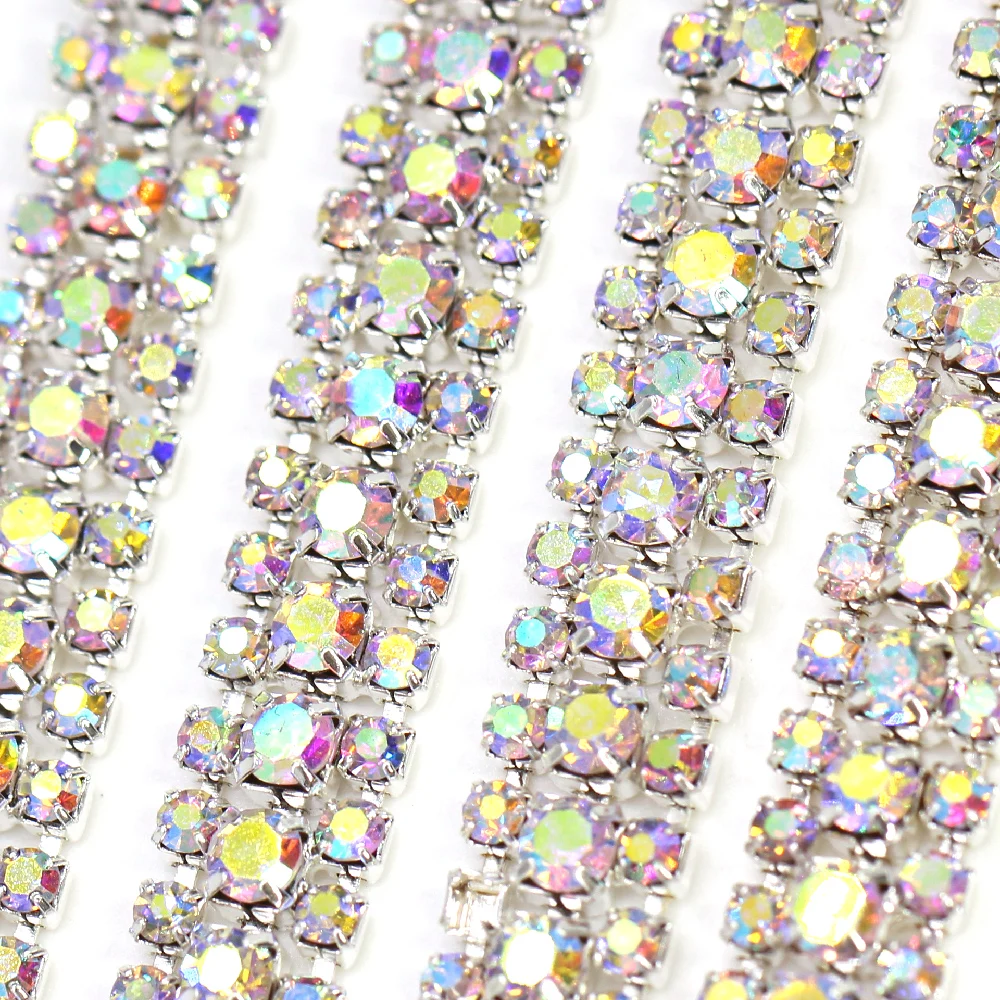 1 ярд 3 ряда стразы в чашке цепочка серебряная основа кристалл AB отделка SS8 + SS16 (2 5
