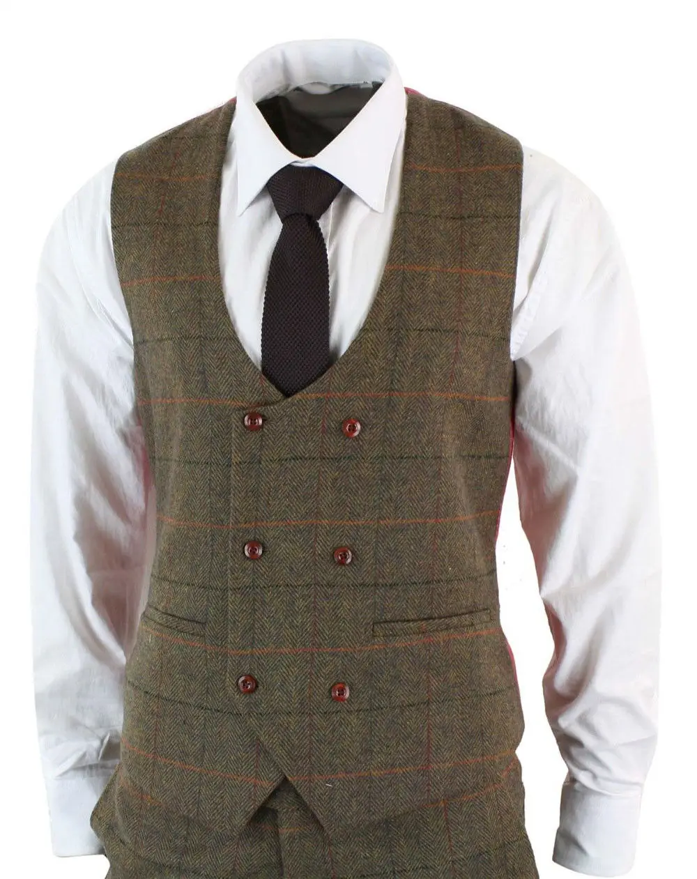 Мужской коричневый клетчатый костюм из 3 предметов с узором в елочку приталенный