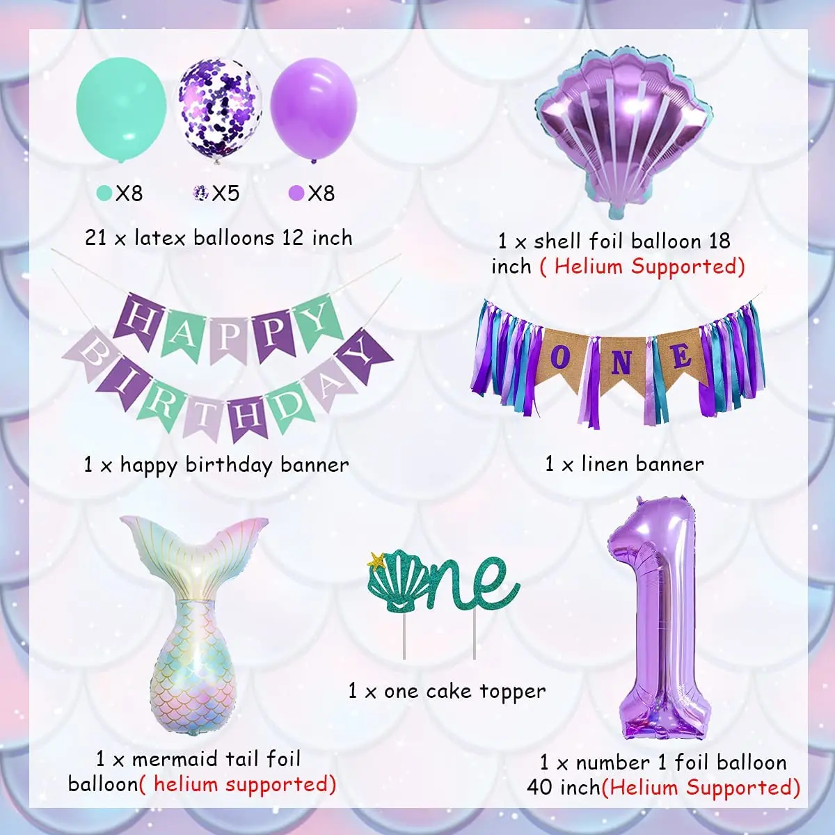 Decoraciones de primer cumplea&ntilde;os para ni&ntilde;a, globo de concha p&uacute;rpura y verde azulado, suministros para fiesta de primer cumplea&ntilde;os-1