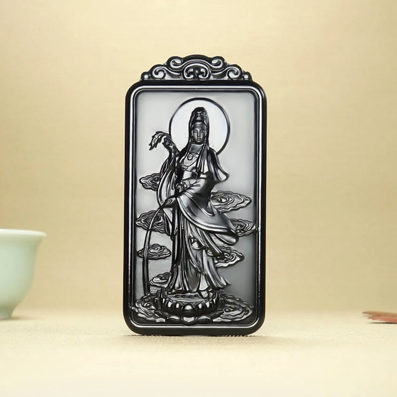 

Natural Dark Green Pendant Guanyin Wealth God Necklace Men Women Jade Jewelry