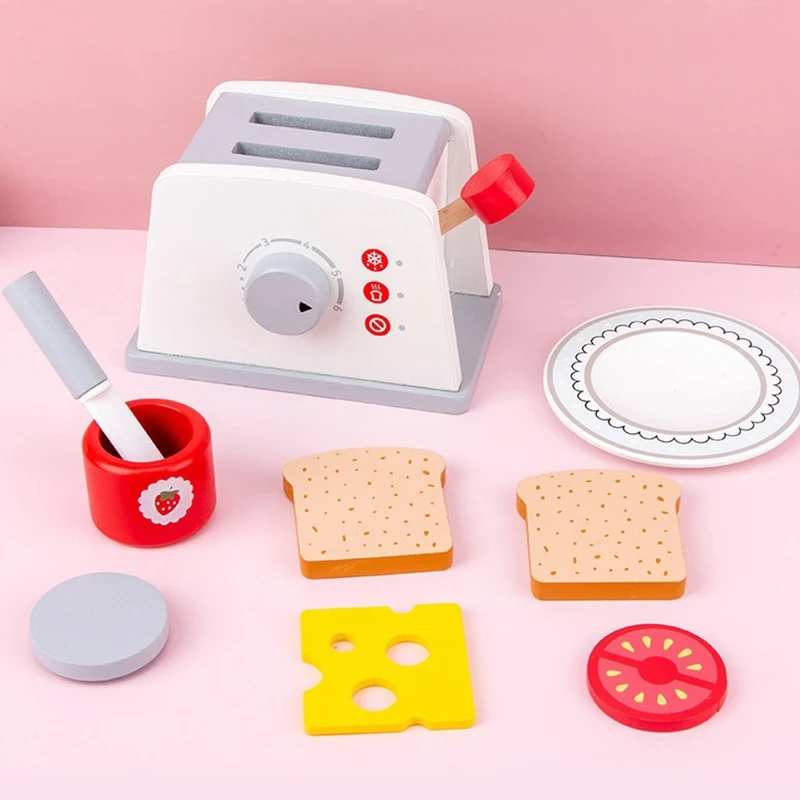 

Kids Bread Maker Toys Pretend Play Sets Wooden Simulation Toasters Machine Role Play Kitchen Tools Playset for Children