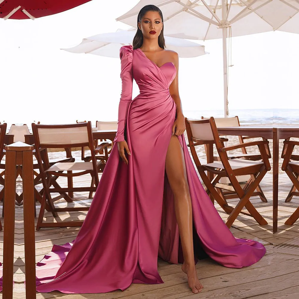 

Elegant Satin Sweep Train Pleats Evening Dress 2021 Sexy One Shoulder High Slit Party Prom Gowns Speccial Occasion Dresses