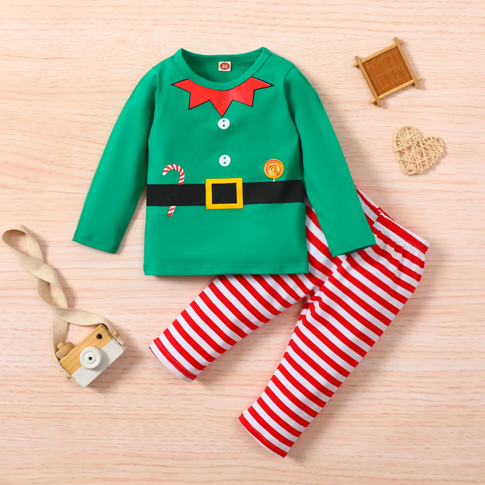 

Christmas Baby Girl Boy Clothes Set Green Top Red Striped Pants 6-36M Infant Toddler Festival Holiday Casual Cotton Outfits 2021