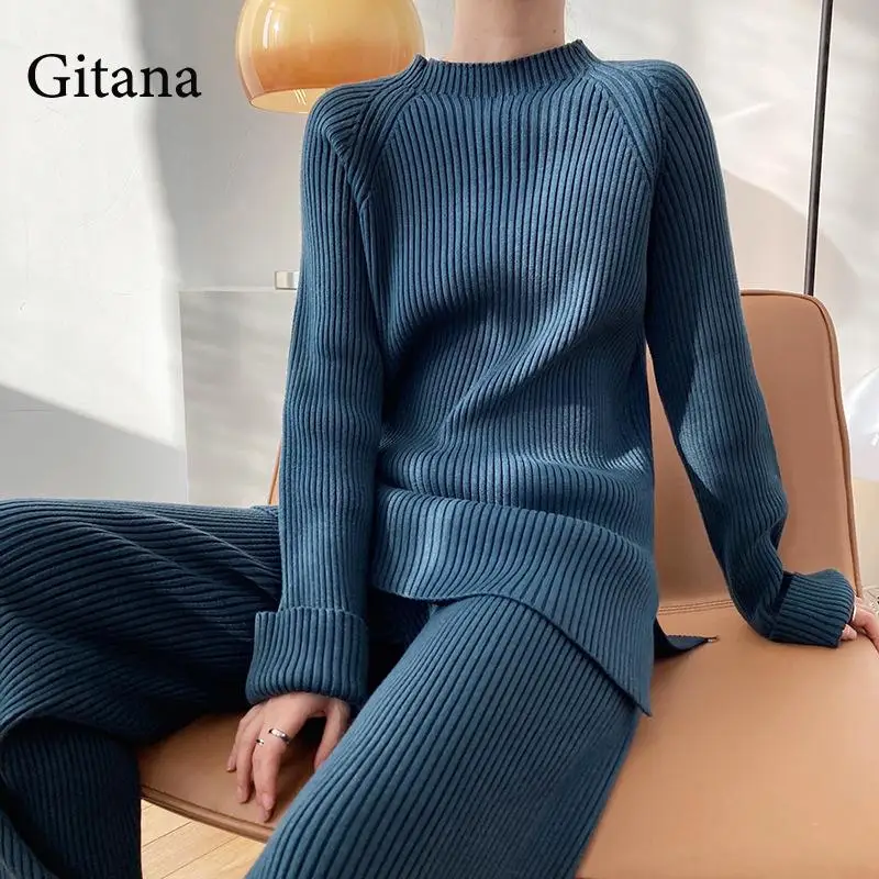 

Женский трикотажный спортивный костюм Gitana, свитер с высоким воротом и прямые брюки с широкими штанинами, Модный комплект из двух предметов, ...