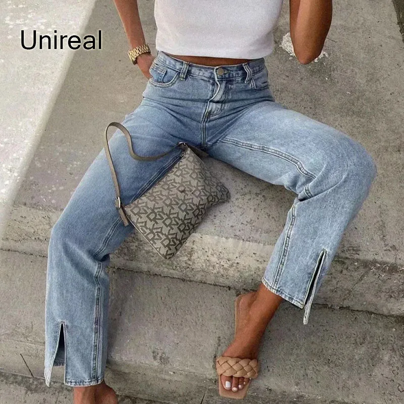 

Unireal 2021 Spring Summer Women Jeans High Waist Denim Pants Streetwear Casual Split Jeans Fashion Trousers