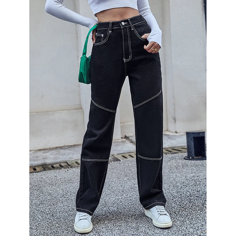 

Джинсы женские прямые с завышенной талией, простые модные стильные брюки в стиле Харадзюку, повседневные штаны из денима черного цвета