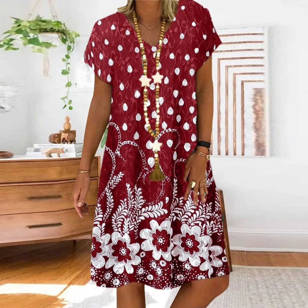 

Women Dot Floral Print Dress Patchwork Summer Loose V-Neck Short Sleeves Dress Fashion Lady Sundress Beach Vestidos Plus Size