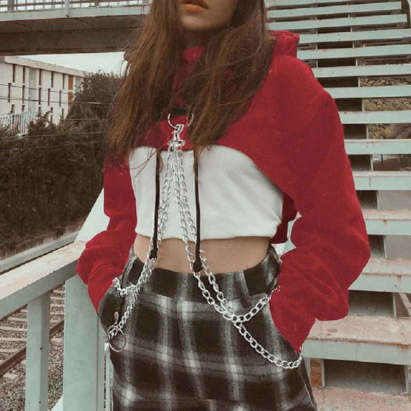 Черный укороченный свитер с капюшоном для женщин Свободный пуловер цепочкой в