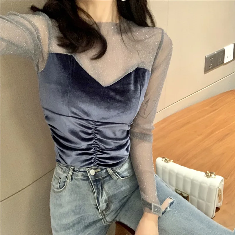 

Sexy Fake Two Pieces T-shirts O-neck Long Sleeve Perspective Mesh Patchwork Pleuche Ladies Tops Spring Autumn Women's Clothing