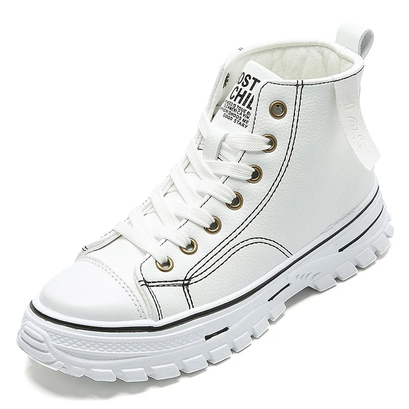 

Women Shoes Leather Fashion High Tops Female Boots Luxury Brand Woman Casual Sneakers Waterproof Lace Up Flats Solid Color Shoes