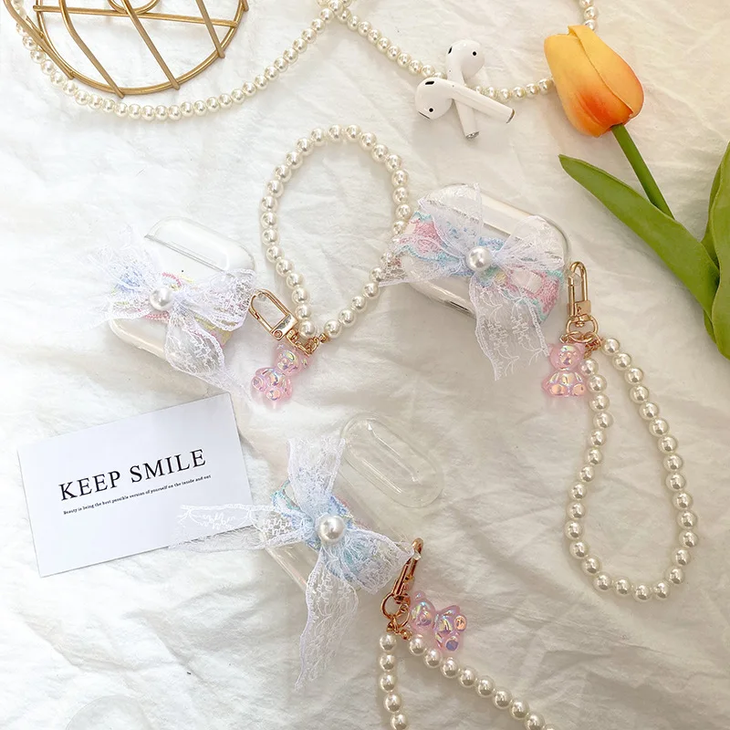 

3D Cute Bowknot Funda for Airpods Pro Case Soft Clear Earphone Accessorie Cover for Air Pods 1 2 3 Case Pendant Pearl Chain