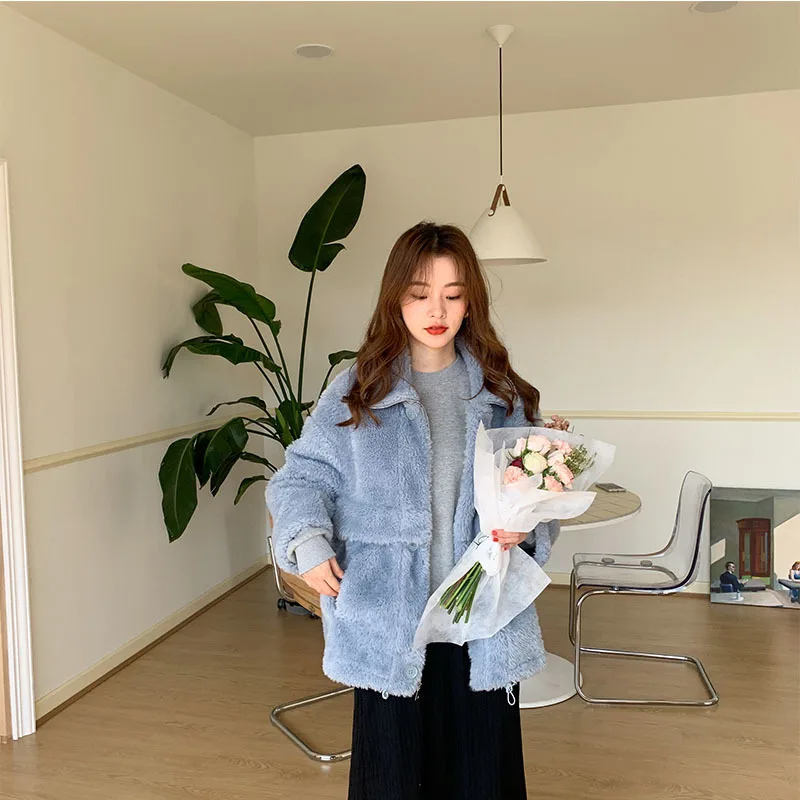 

Wool fur coat lapel autumn and winter short thick women's fur coat soft solid color fur ladies coat zipper L72