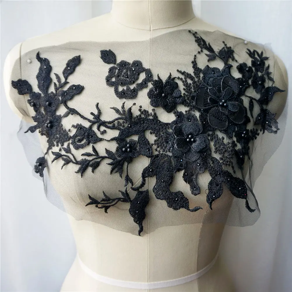 Черные синие золотые 3D Цветочные кружевные тканевые бусины вышитые аппликации