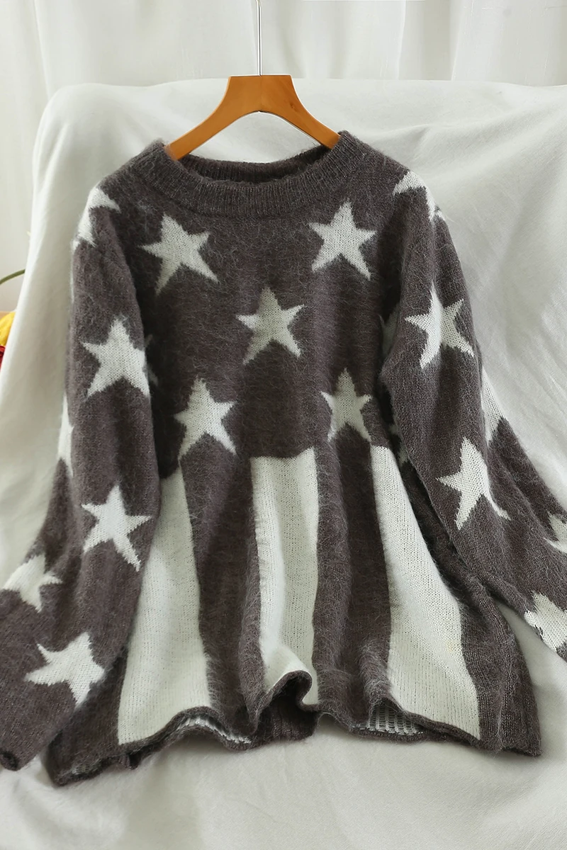 

Retro Casual Pullover Sweater Women Autumn/winter 2021 New Loose Lazy Print Striped Five-star Color Matching Thick Knitted Top