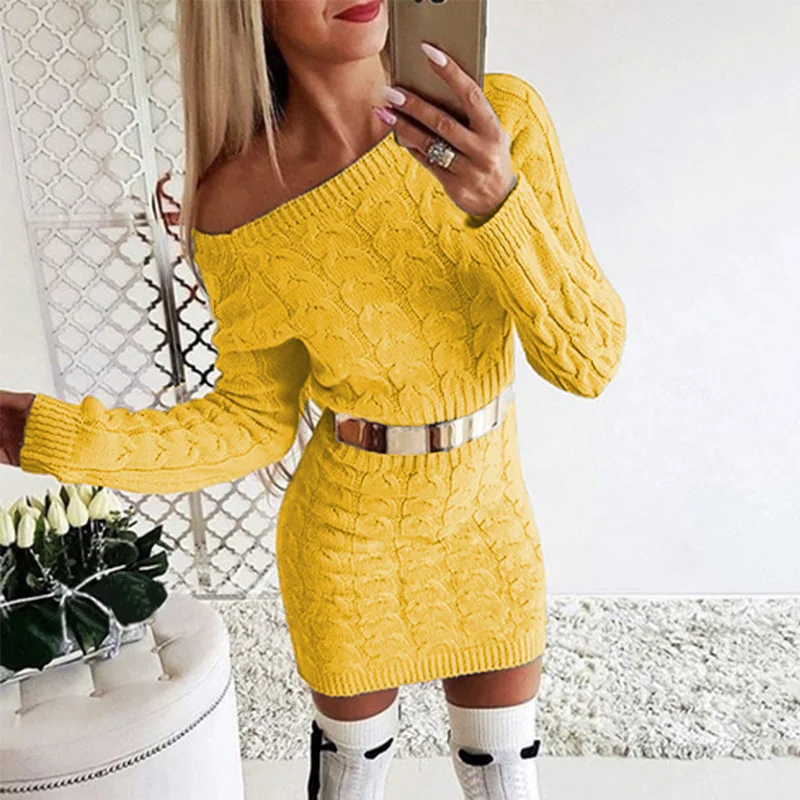 

2021 New Casual Mid-Length Fluorescent Color Twist Waist Slim-Fit Off-Shoulder Sweater Dress Pullover Sweater