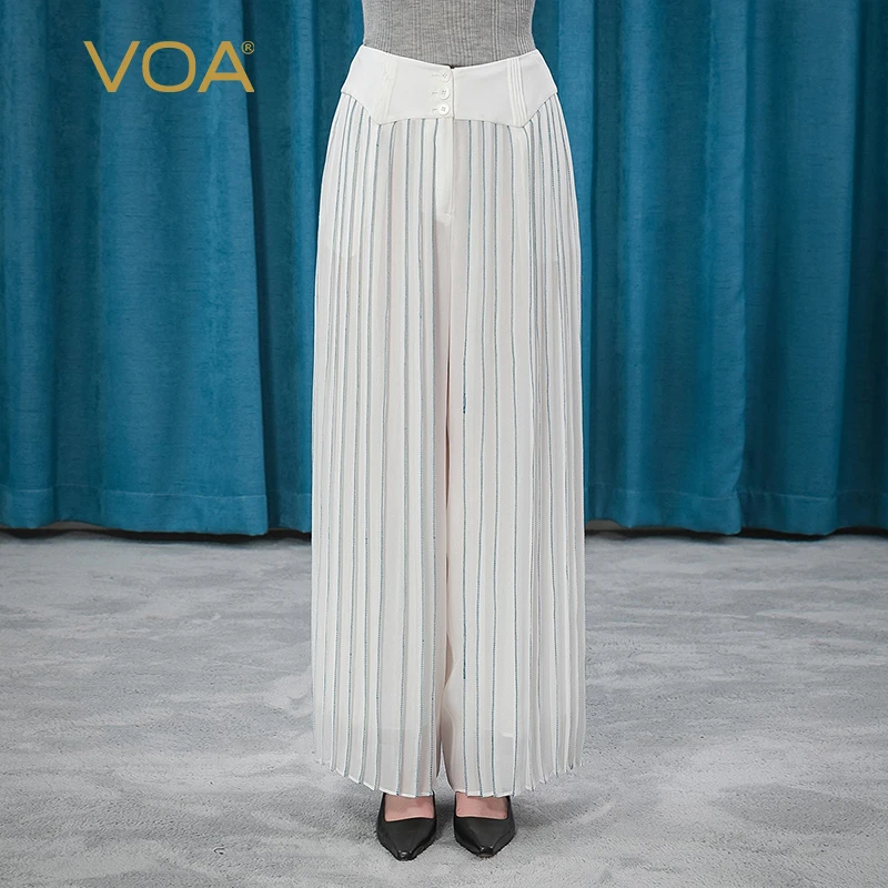 

VOA Silk Georgette White Trousers Blue Line Trim Single-breasted Ladies Elegant Wild Wide-leg Women Bottoms Pants Summer KE201