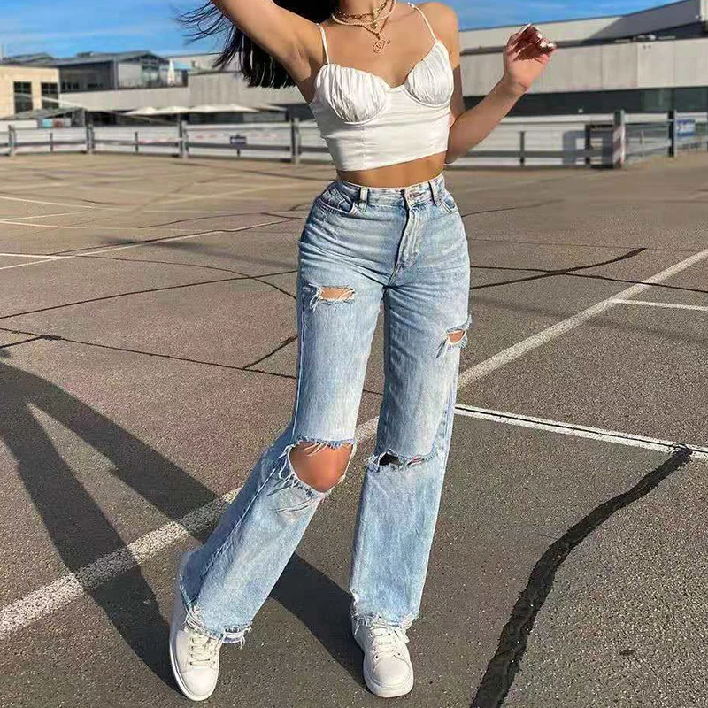 

Ripped Jeans Women Fashion Baggy Mom Jeans Straight Leg Pants Washed Blue Loose Denim Trousers Long High Waist Jeans Streetwear