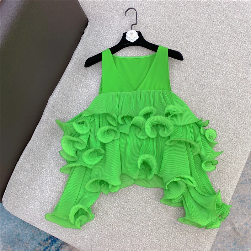 

2021 Spring and Summer Sweet Solid Color Off-the-Shoulder Sleeveless Shirt Women Stitching Pleated Ruffles Chiffon Fairy Blouse