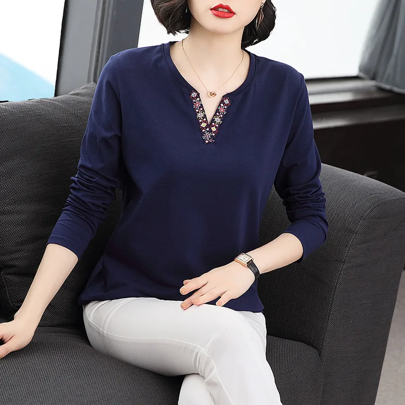 Женская футболка с длинным рукавом хлопковая простая свободная V-образным
