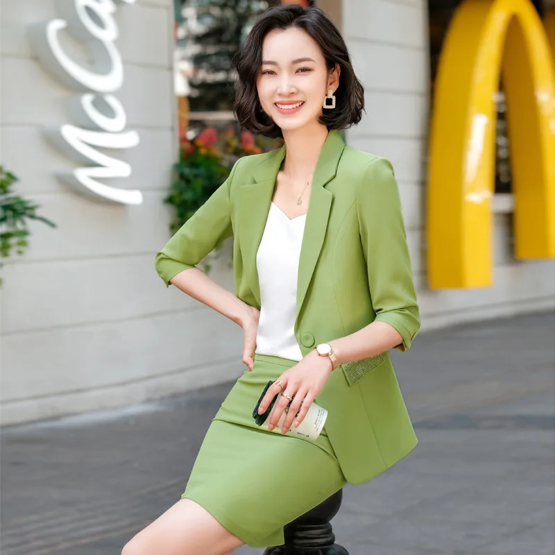 IZICFLY New Summer Style Green 2 Piece Blazer Suits Women Outfits Slim Half Office Yellow Business Set With Pants Work Wear