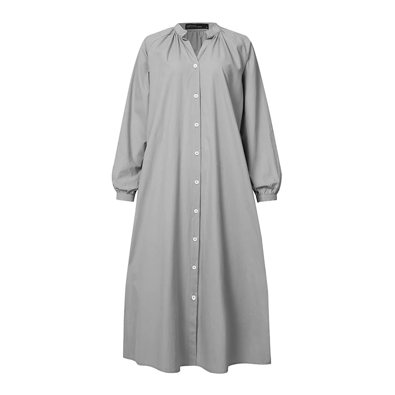 

Fashion Women Shirt Dress Autumn V Neck Long Sleeve Solid Sundress ZANZEA Plus Size Buttons Vestidos Femme Robe Dresses Kaftan 7