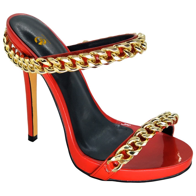 

2021 Women's Sandals Fashion Chain Sexy Open Toe Shoes Stiletto Sandals Fashion Beautiful Mature Red Shoes Female Party Shoes