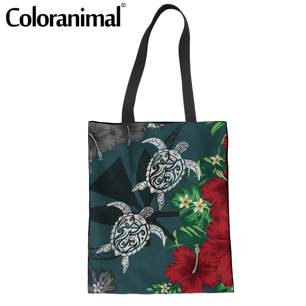 

Coloranimal Hawaii Map Turtle Hibiscus Plumeria Polynesian Printed Ladies Linen Tote Bag Portable Shopper Bag Women Eco Bolsa