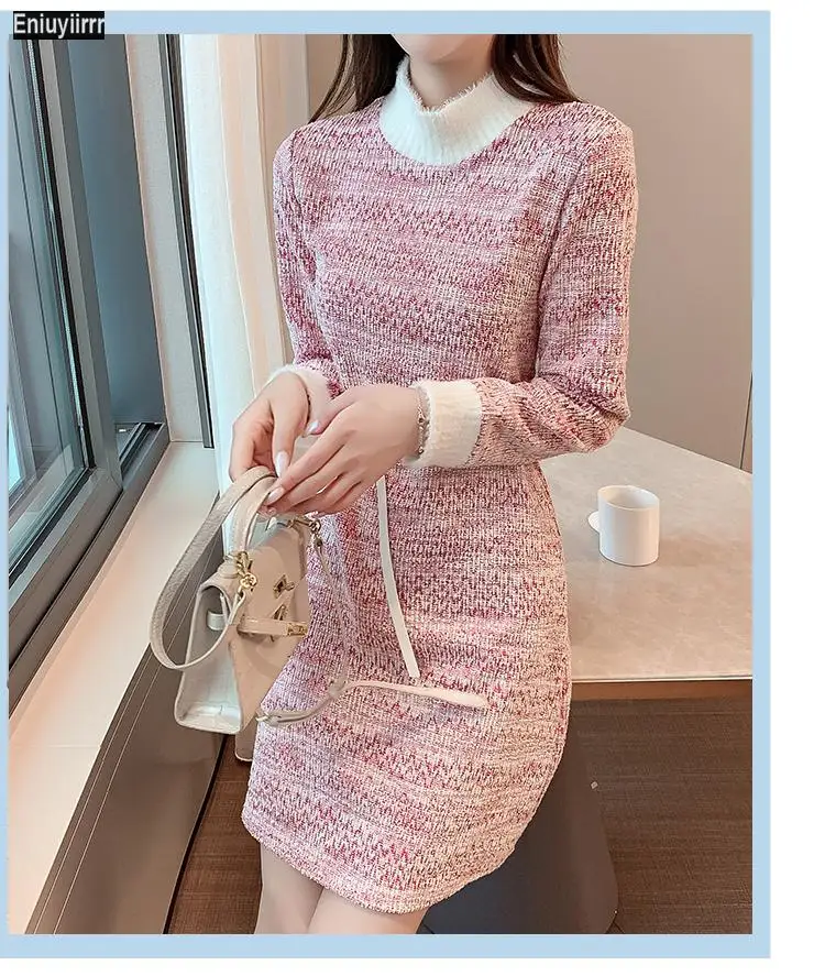 

2021 New Design Womens Fashion Cute Pink Winter Basic Wear Knitting Mini Sweater Dress